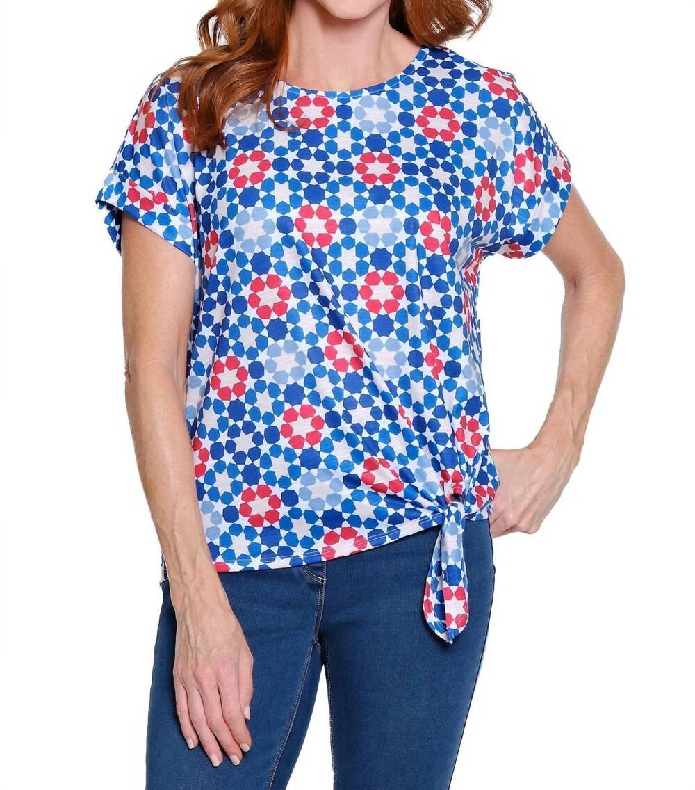 NEW MULTIPLES printed slub knit top with tie waist in star multi